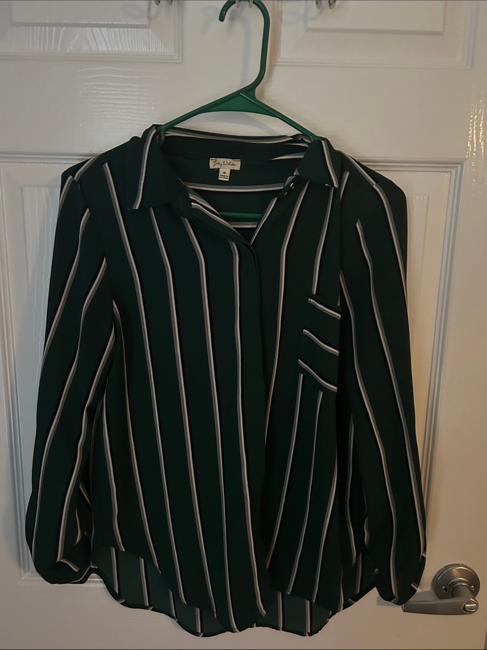 Lily White Dark Green and White Vertical Stripe Button-Down Shirt